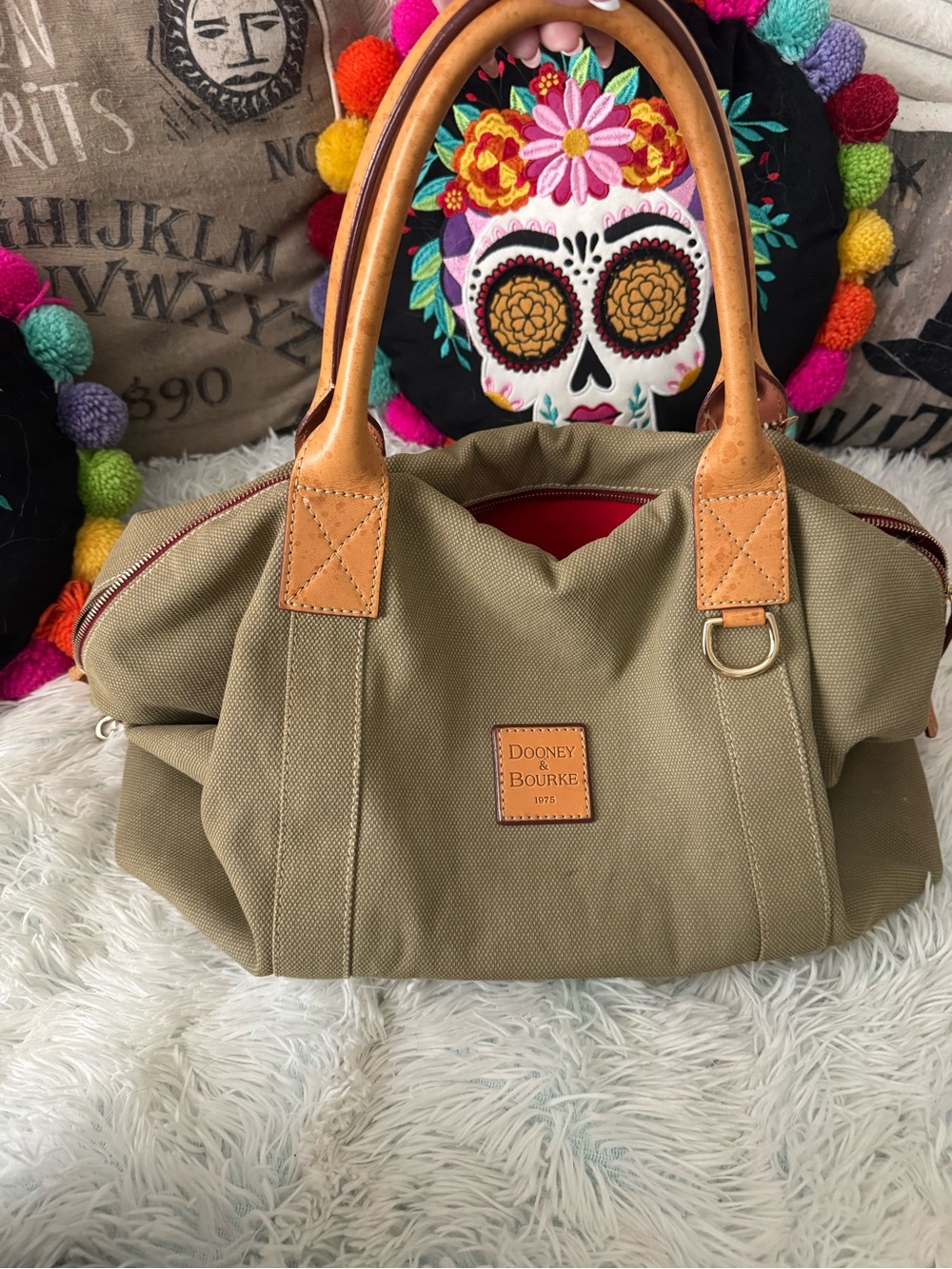 Dooney & Bourke Olive Canvas Satchel with Tan Leather Trim